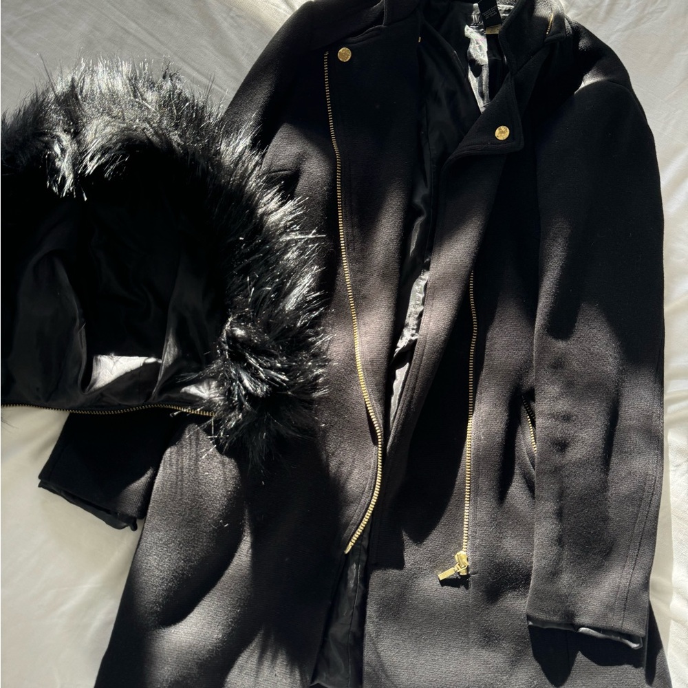 Long Black Womens Winter Coat with Detachable Fur Hood